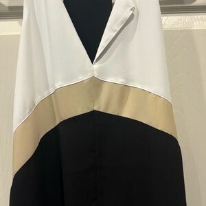New York & Company Colorblock V-Neck Blouse in White, Black & Tan